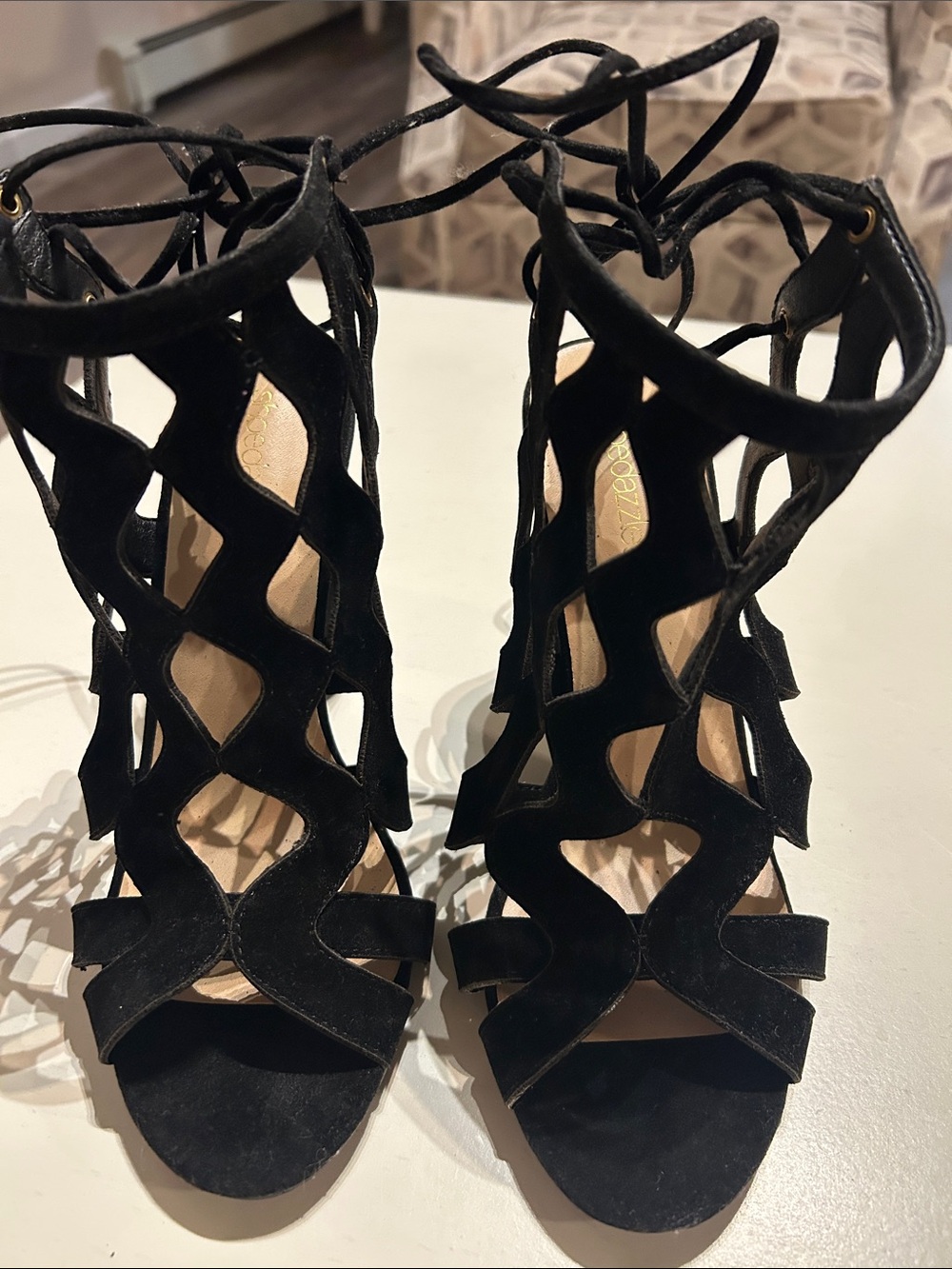 Shoe Dazzle Black Suede Lace-Up Cutout Heels